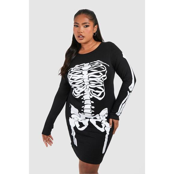 NEW 2XL 18 Plus Skeleton Black Bodycon Halloween Costume Dress Long‎ Sleeve Mini - Picture 1 of 3
